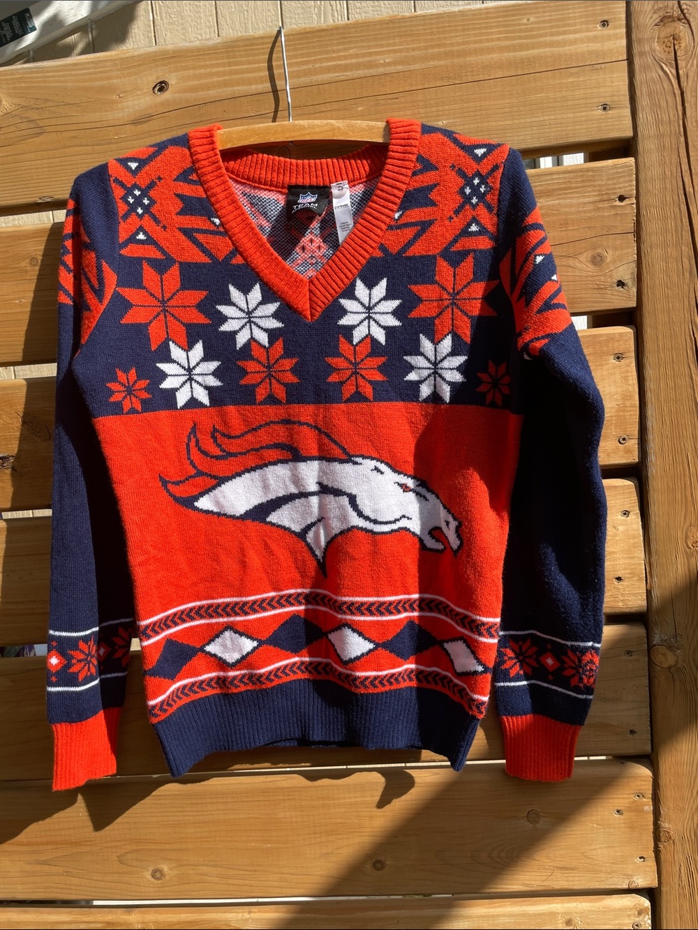 Denver Broncos NFL Women's Big Logo V-Neck Ugly Christmas Sweater Small